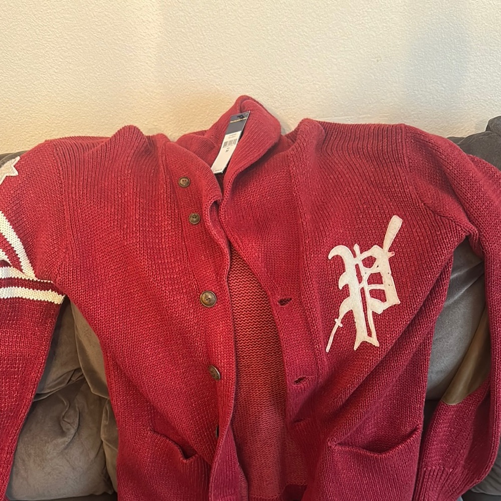 Ralph Lauren Red Knit Cardigan with White Lettering